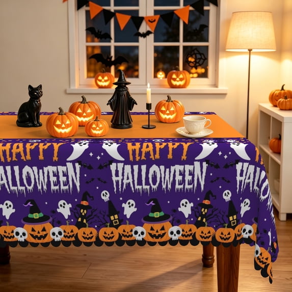 Duangreer Orange Halloween Rectangle Tablecloth, Pumpkin Wizard Ghost Print Waterproof Wrinkle Resistant Table Cover for Home Decor Party Decorations, 60 x 102 Inch