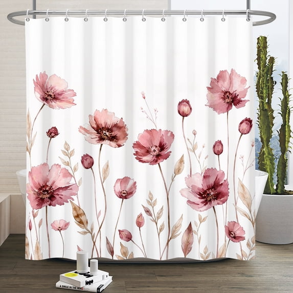Duangreer Pink Floral Shower Curtain, Watercolor Bathroom Waterproof Curtain with Hooks, 36x72 Inches