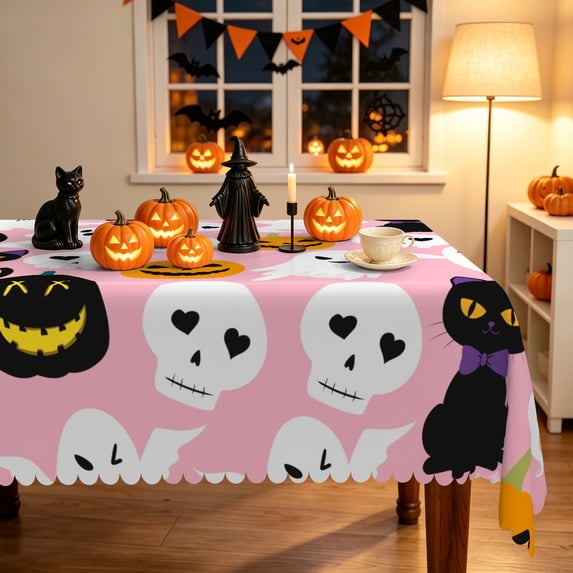 Duangreer Pink Halloween Rectangle Tablecloth, Party Decors Washable Table Cover with Waterproof Wrinkle Resistant, 60 x 120 Inch