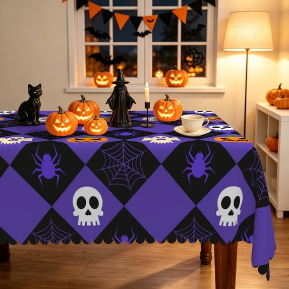 Duangreer Purple Halloween Rectangle Tablecloth, Pumpkin Ghost Print Table Cover with Waterproof Wrinkle Resistant for Party Decorations, 60 x 70 Inch