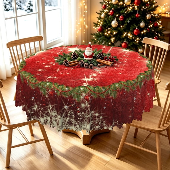 Duangreer Red Christmas 60''Round Tablecloth, Retro Star Wreath Print Washable Picnic Table Cover for Holiday Party Dining, Indoor and Outdoor
