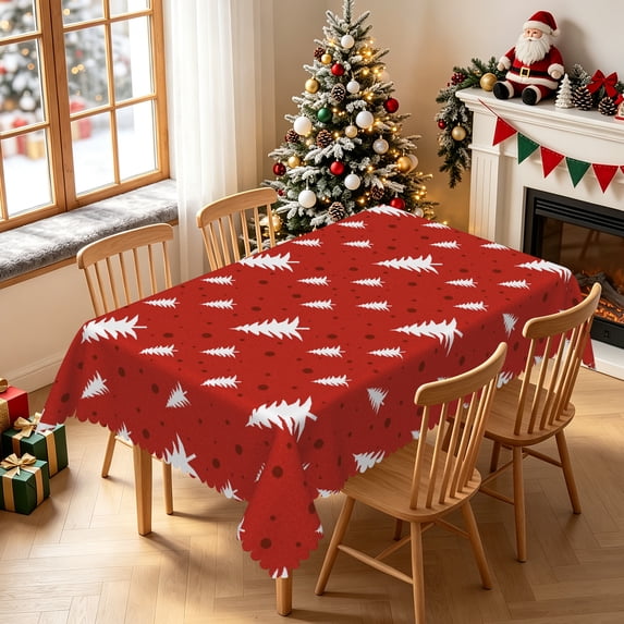 Duangreer Red Christmas Rectangle Tablecloth, White Xmas Trees Print Table Cover with Waterproof Wrinkle Resistant for Party Decorations, 52 x 70 Inch