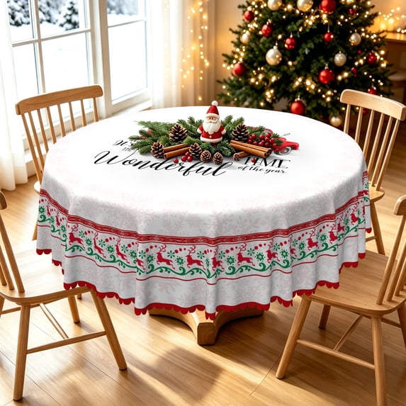 Duangreer Red Christmas Tablecloth Round 70 Xmas Tree Truck Print, Table Cloth Circle Washable Waterproof for Holiday Party Kitchen Dining Outdoor Decor