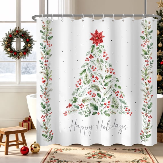 Duangreer Red Christmas Theme Waterproof Fabric Shower Curtain, Xmas Tree Branches and Colorful Ball Decors for Bathroom, 72x72 Inches with Hooks