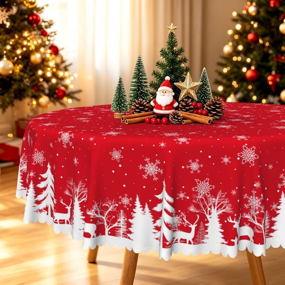 Duangreer Retro Christmas 60''Round Tablecloth, Christmas Tree Elk Silhouette Print Washable Picnic Table Cover for Camping, Dining, Indoor and Outdoor
