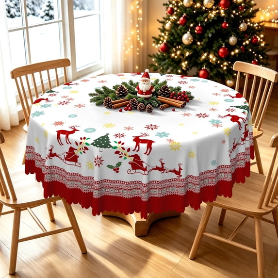 Duangreer Retro Christmas 70''Round Tablecloth, Elk Sled Xmas Tree Print, Washable Picnic Table Cover for Family Party, Dining, Indoor and Outdoor