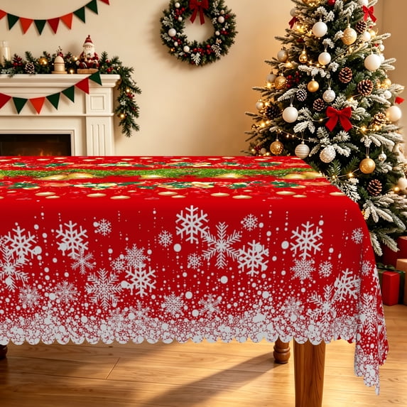 Duangreer Retro Christmas Rectangle Tablecloth, Golden Bell and Colored Ball Print Washable Table Cover for Party Family Picnic Decors, 60 x 102 Inch