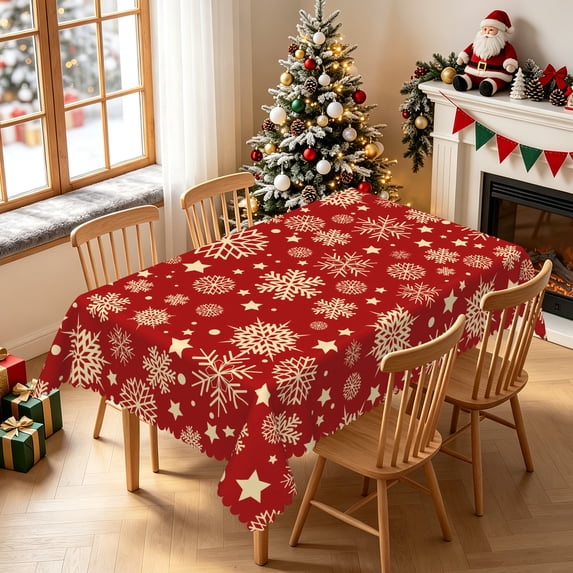 Duangreer Retro Christmas Rectangle Tablecloth, Golden-white Snowflake Print Table Cover with Waterproof Wrinkle Resistant for Party Decorations, 60 x 84 Inch