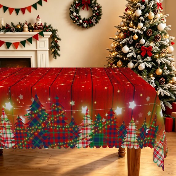 Duangreer Retro Christmas Rectangle Tablecloth, Red and Green Grid Xmas Tree Design Waterproof Wrinkle Resistant Table Cover for Home Party Decors, 60 x 120 Inch