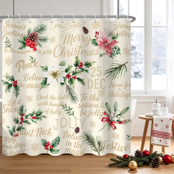 Duangreer Retro Christmas Shower Curtain for Bathroom, 60x72 Inches with Hooks, Poinsettia and Holly Decors Waterproof Fabric Bath Curtains for Home