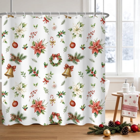 Duangreer Retro Christmas Waterproof Fabric Shower Curtain, 60x72 Inches with Hooks, Poinsettia, Bells and Wreath Print Decors Bath Curtains for Bathroom
