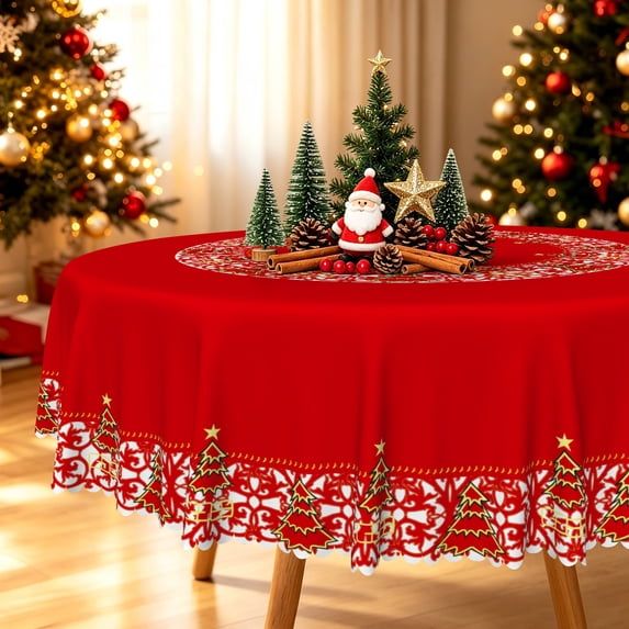 Duangreer Retro Red Christmas 70''Round Tablecloth, Hand Drawn Xmas Tree Print Waterproof Tablecloths for Party, Dining, Indoor and Outdoor