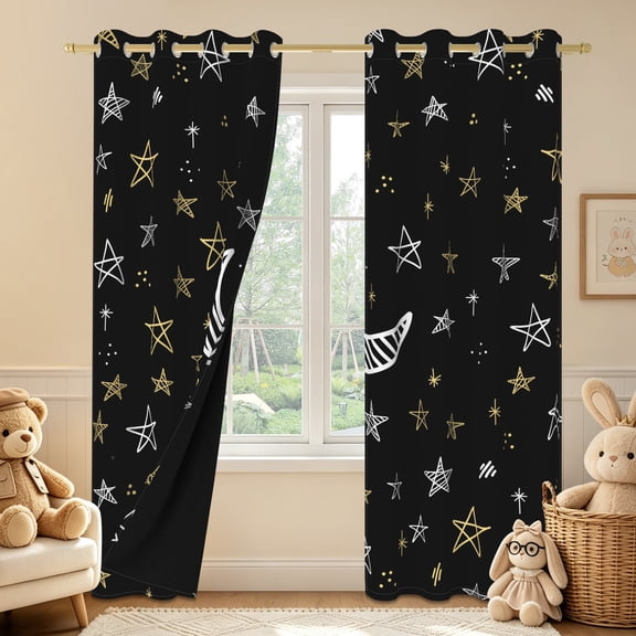 Duangreer Simple Hand-drawn Stars Moon Blackout Curtains for Kids Bedroom, Light Blocking Window Drapes for Living Room, Grommet Top, 42 x 63 Inches, Set of 2