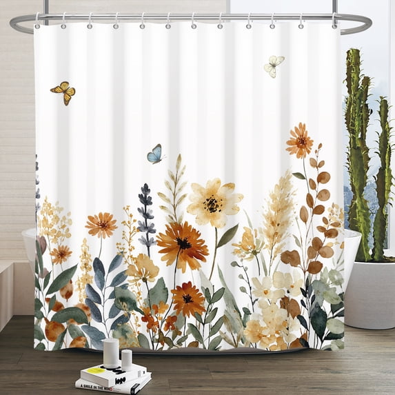 Duangreer Vintage Floral Shower Curtain with 12 Hooks, Waterproof Faric Curtain for Bathroom, 72x72 Inches
