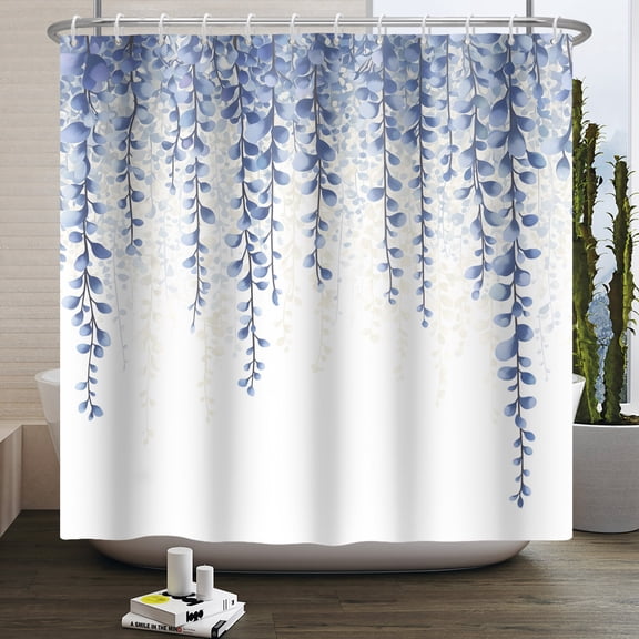 Duangreer Watercolor Floral Shower Curtain with 12 Hooks, Cottagecore Blue Leaves Waterproof Curtain for Bathroom Decor, 72x72 Inches
