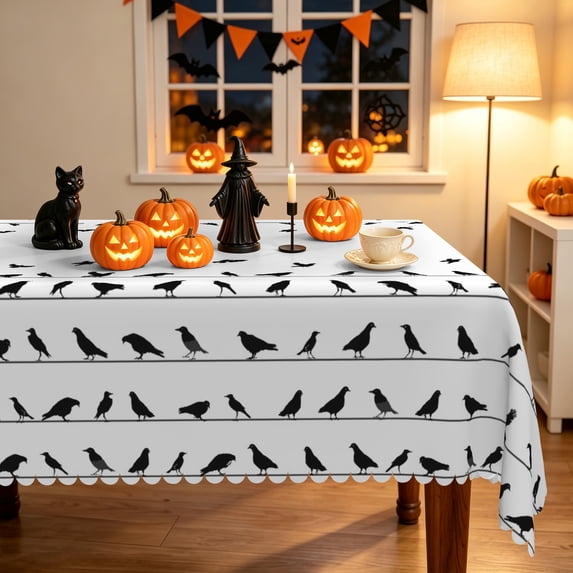 Duangreer White Halloween Rectangle Tablecloth, Black Bird Line Print Table Cover with Waterproof Wrinkle Resistant for Party Decorations, 60 x 102 Inch