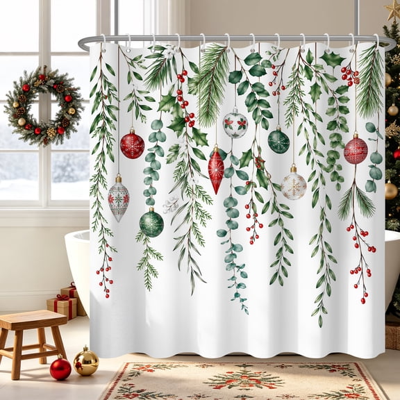 Duangreer Winter Holiday Waterproof Fabric Shower Curtain, Xmas Ball Green Pine Curtain with 12 Hooks for Bathroom, 72"x72"