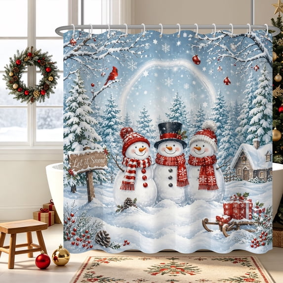 Duangreer Winter Red Christmas Birds Holiday Shower Curtain with 12 Hooks, Snowman Waterproof Fabric Bathroom Curtain, 72"x72"