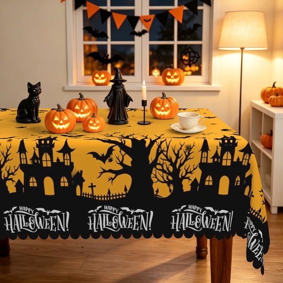 Duangreer Yellow Halloween Rectangle Tablecloth, Black Forest Castle Print, Party Decors Washable Table Cover with Waterproof Wrinkle Resistant, 60 x 102 Inch