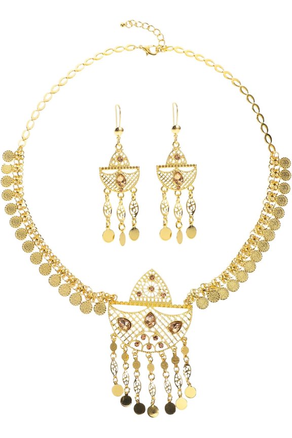 Dubai Bridal Necklace Earrings Set for Women Modern Hollow Alloy Big Pendant with Dynamic Tassel Accents Elegant Middle Eastern Wedding Jewelry for Party and Bridal Wear[w463]