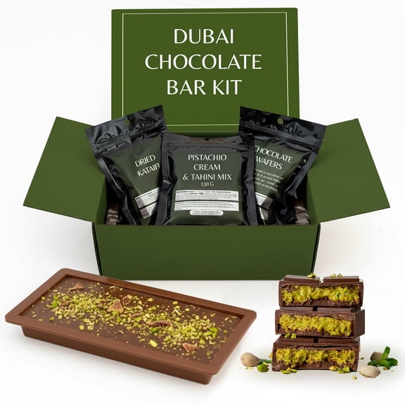 Dubai Chocolate Bar Kit Master Make at Home Set with Pistachio Cream, Tahini Mix, Dried Kataifi, Milk Chocolate Melting Wafers, Jumbo Bar Mold & Step-by-Step Guide