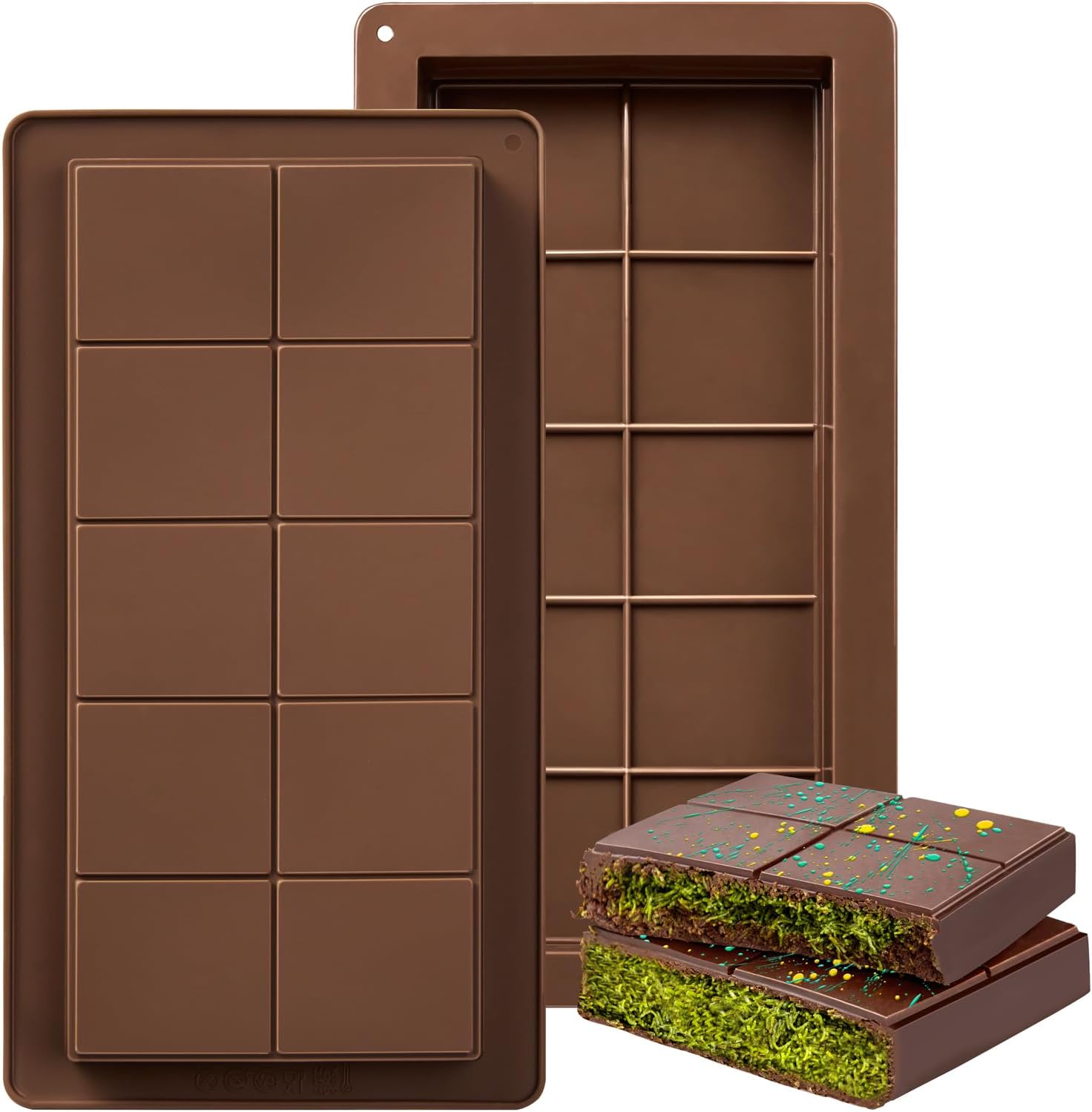Sizkii Large Silicone Chocolate Bar Molds - 2 Pack Deep Rectangular Molds, Food Grade, Oven & Freezer Safe