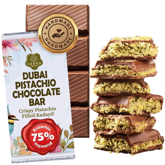 Ceres Gourmet Pistachio Chocolate Bar 7 oz Crispy Kunafe with Pistachio Paste, Contains Hazelnuts & Milk