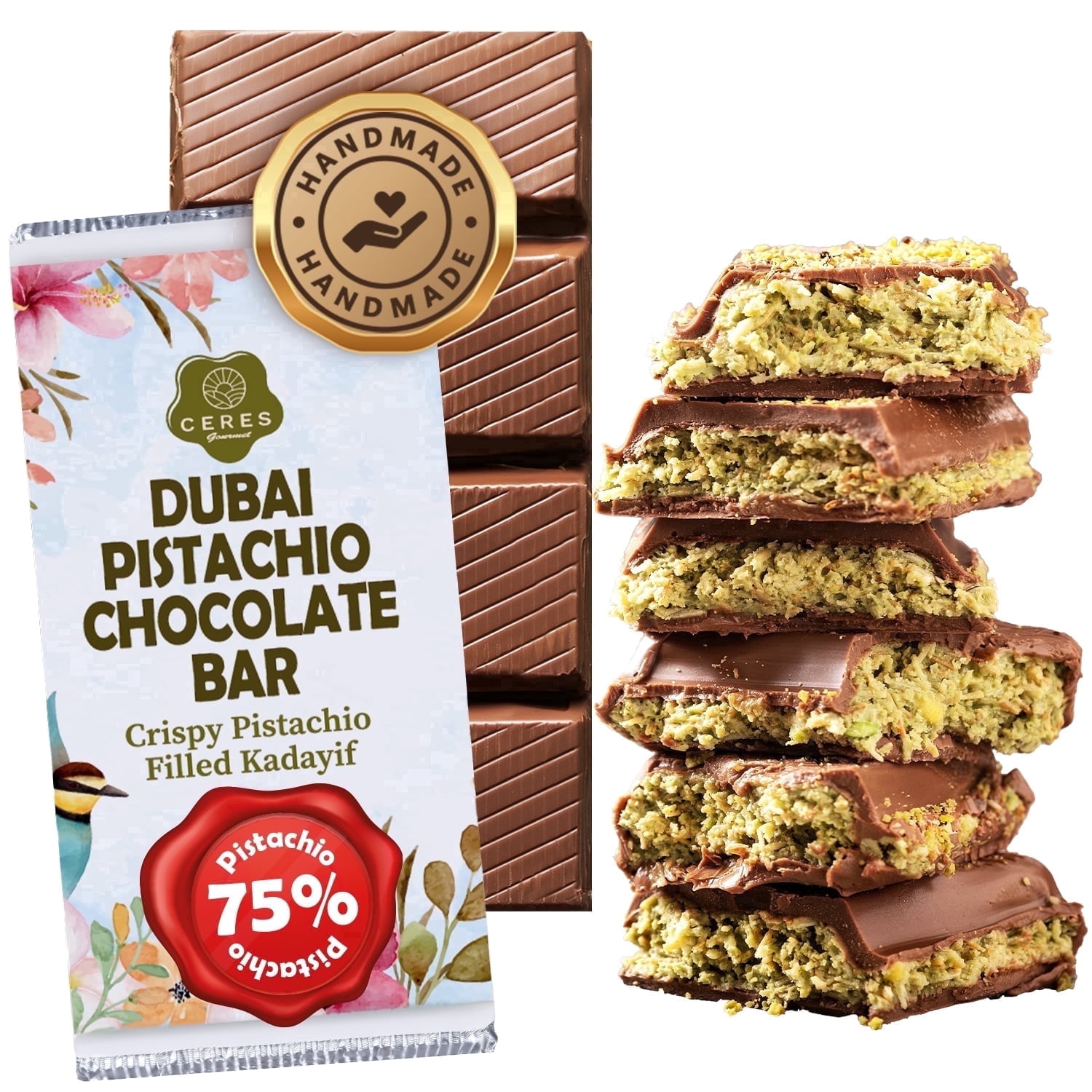 Ceres Gourmet Pistachio Chocolate Bar 7 oz – Crispy Kunafe with Pistachio Paste, Contains Hazelnuts & Milk