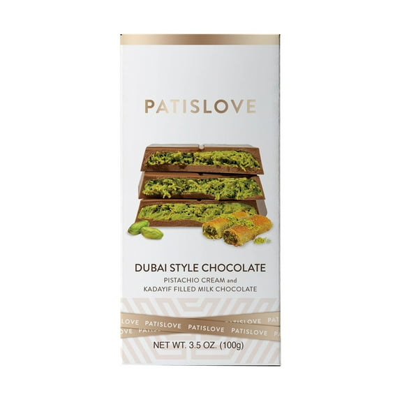 Patislove Dubai Style Milk Chocolate Bar with Pistachio Cream and Crispy Kadayif, 3.5oz