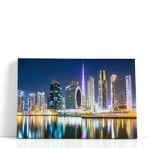 Dubai City Ultramodern Skyline During Night - Wrapped Canvas Print Wall Art | 18" W x 12" H