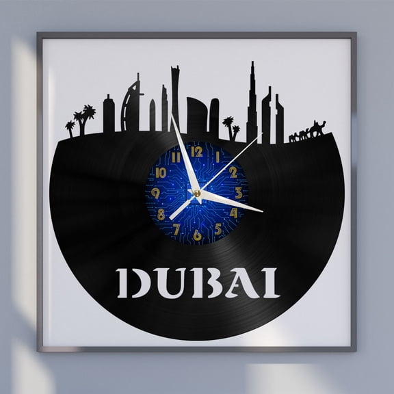 Dubai City View 12 Inch Vinyl Record Wall Clock - Silent, Creative, and Unique Clock for Living Room, Entryway, or Bedroom Decor - Perfect Gift Idea(12 inchs B without LED)