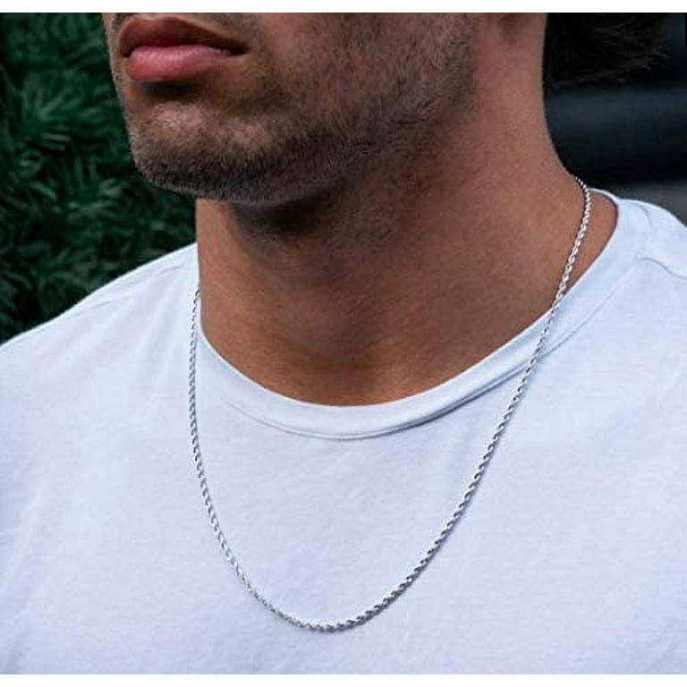Dubai Collections 14K Rope Chain Necklace Thin Men Women Strong White Gold 2mm Solid Lobster Pendant Lifetime USA Made 24 inch, adult Unisex, Grey