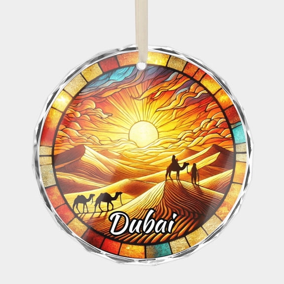 Dubai Desert Dunes and Camels Holiday Travel Souvenir Crystal Glass Christmas Ornament, 3 Flat Round Beveled-Edge Disc (0.23 Thick) with Printed Image, Xmas Gift Ornaments