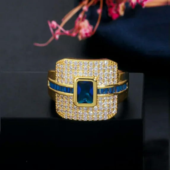 Dubai Gold Plated Blue Micro Pave Cubic Zircon Large Square Cut Ring for Bridal