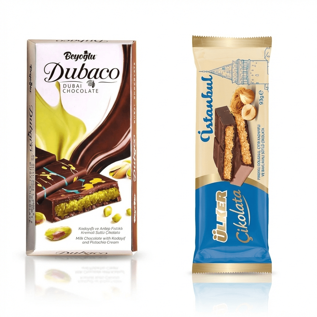 Dubai & Istanbul Chocolate Mix Bar – Pistachio Dubai Chocolate and Hazelnut Kataifi Istanbul Chocolate, 3.28 oz (93 g)