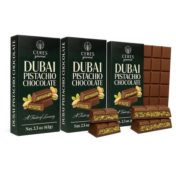 Ceres Gourmet Dubai Pistachio Chocolate Bar, Milk Chocolate, Crunchy, 3 Count, 2.3 Oz