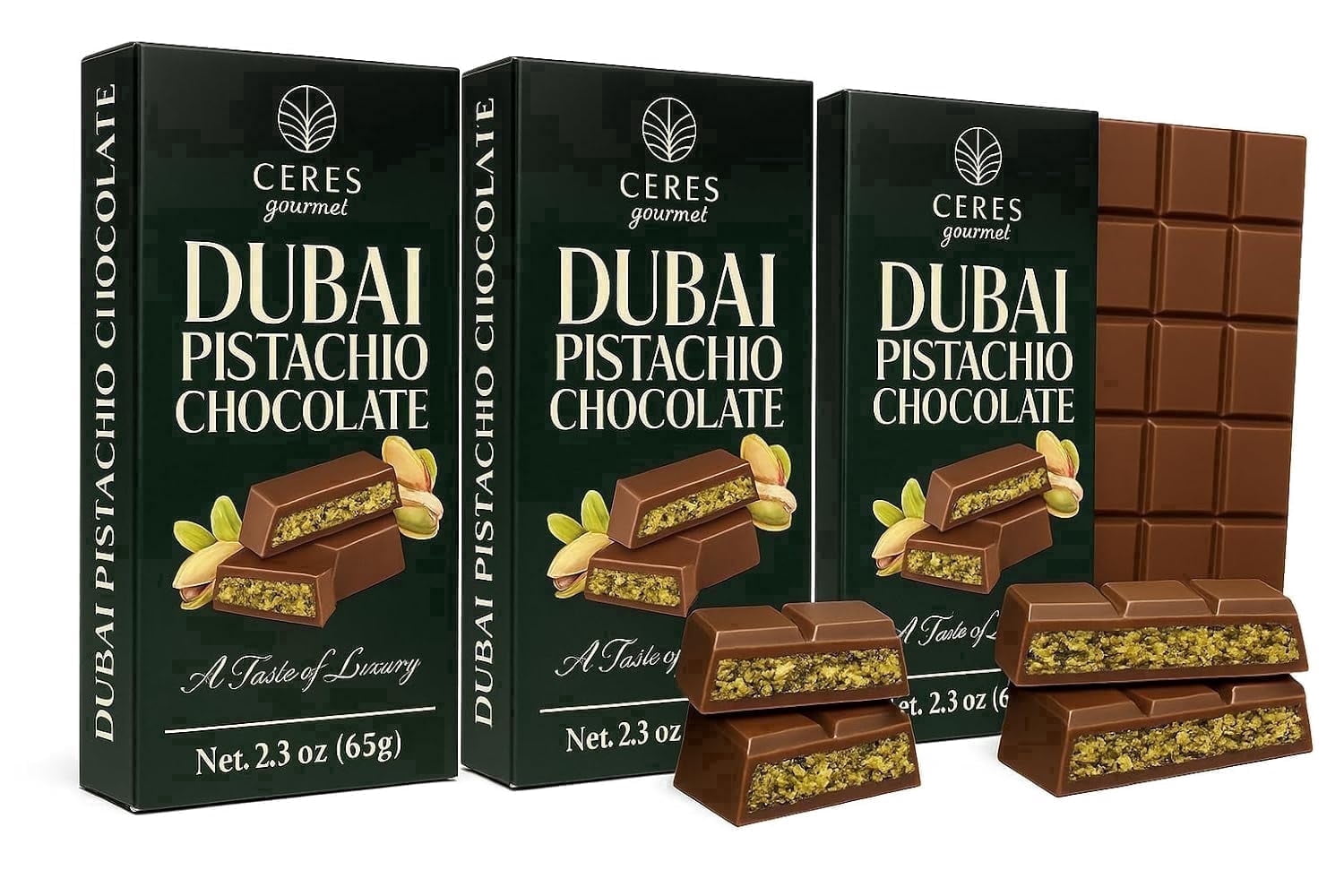Ceres Gourmet Dubai Pistachio Chocolate Bar, Milk Chocolate, Crunchy, 3 Count, 2.3 Oz