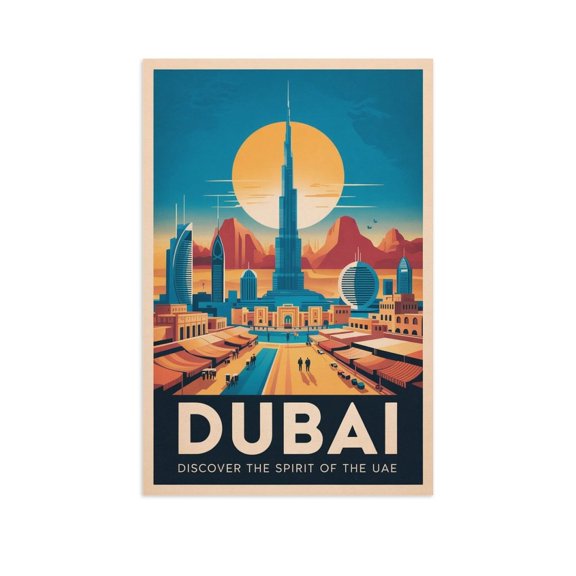 Dubai Retro Travel Poster Vintage UAE City Tourism with Burj Khalifa & Desert Charm Canvas Poster