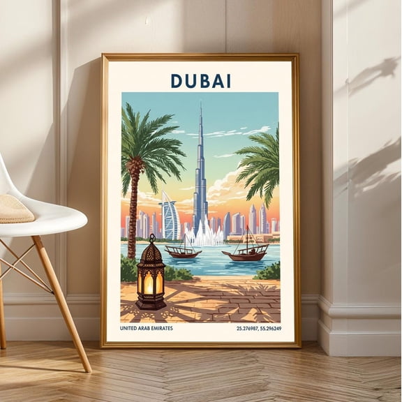Dubai Skyline Art Print: Vintage Gouache Burj Khalifa, Middle Eastern Decor, Stretched Canvas Size 8x12