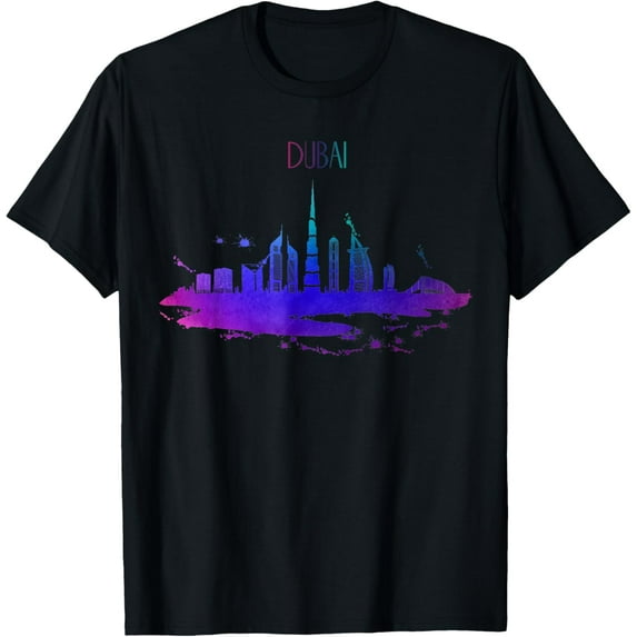 Dubai Skyline Watercolor UAE Souvenir T-ShirtMen and women, Black T-shirt, size: Extra large