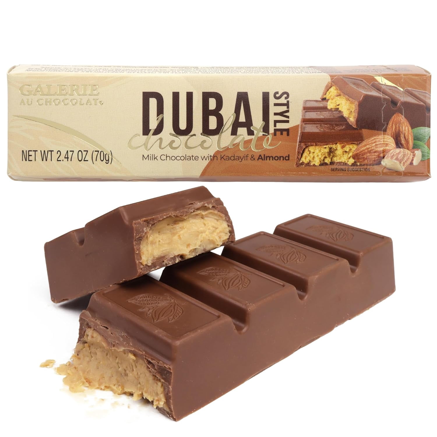 Dubai Style Chocolate Bar with Almonds, Gourmet Candy Gift, Individually Wrapped, 2.47 Ounces