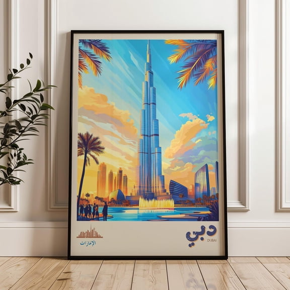 Dubai Travel Poster: Burj Khalifa Uae Wall Art In Arabic
