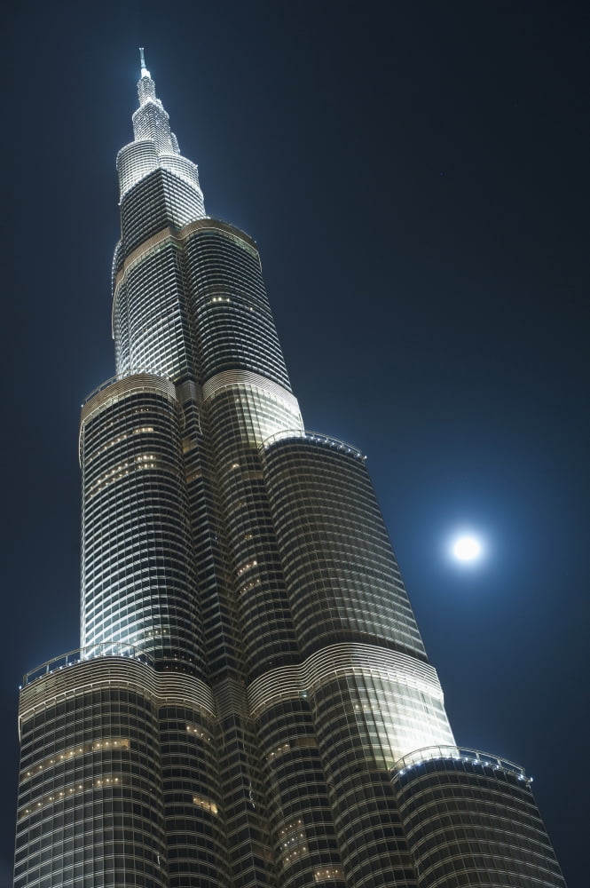 Dubai Uaemoon And Moving Clouds Behind The Burj Khalifa At Night Canvas Art - Ian Cumming Design Pics (24 x 38)