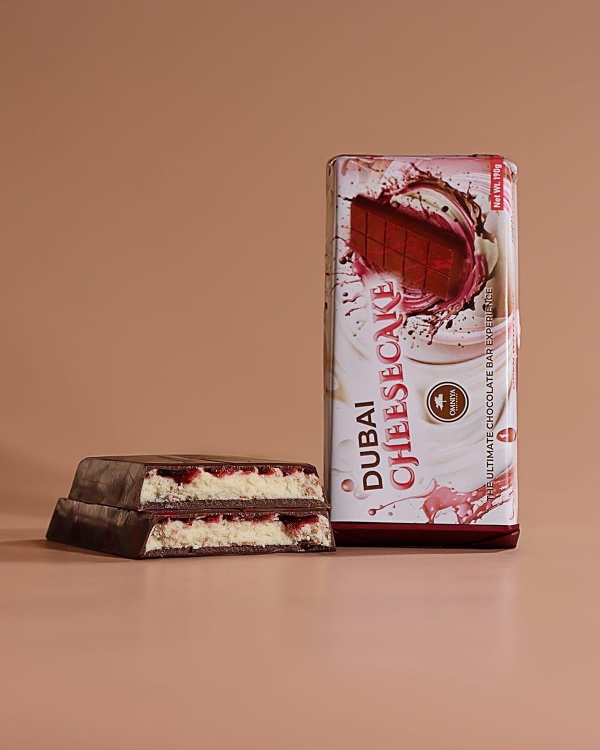 OMNIYA Delicacy Dubai Viral Kunafa Chocolate Bar Strawberry Cheesecake Flavor 190 Gram