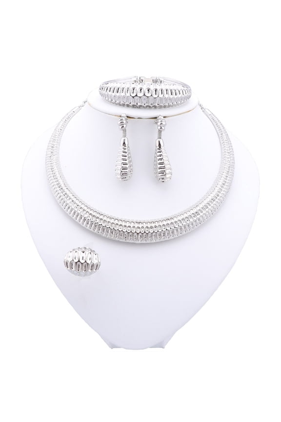 Dubai Women's Jewelry Sets, Silver Plated Necklace, Bracelet, Earrings and Ring Set.  African Bridal Wedding, Gifts