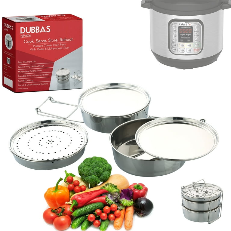 Dubbas - 3 Tier Stacking Insert Pans / Steamer For 6 Qt Instant Pot Cooker  PIP w/ Lids / Plates & Multipurpose Trivet / Sling to Cook, Serve, Store 