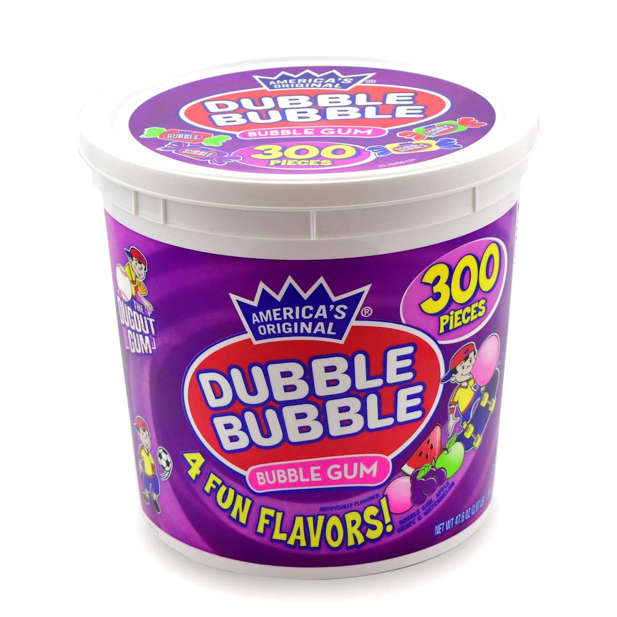 Dubble Bubble Gum - 300 Count Resealable Tub of Individually Wrapped Fruit and Bubble Gum - Original, Watermelon, Apple and Grape Flavors - Peanut and Gluten Free, 47.6 Ounce