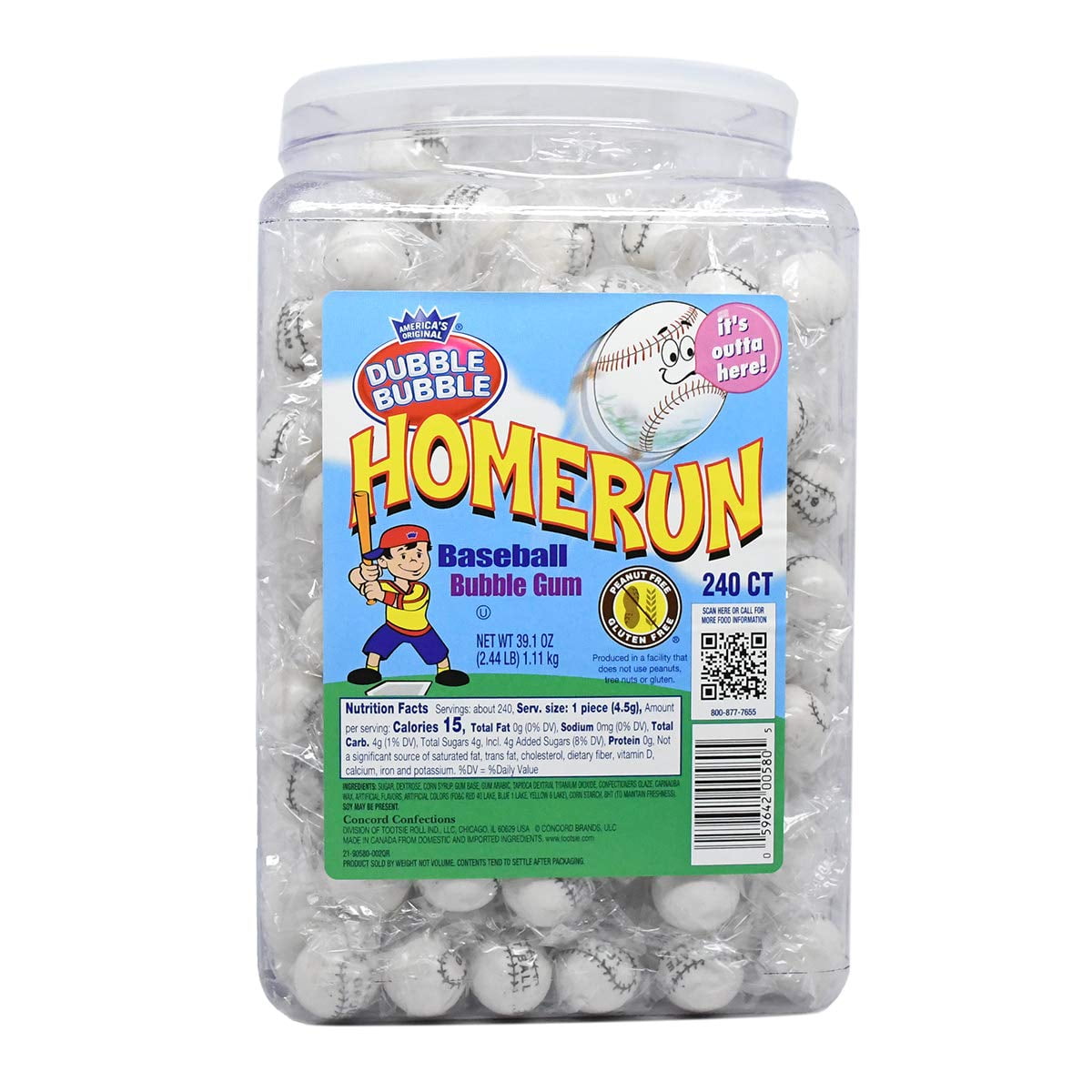 Dubble Bubble Home Run Baseball Bubble Gum Gumballs, 240Count Jar