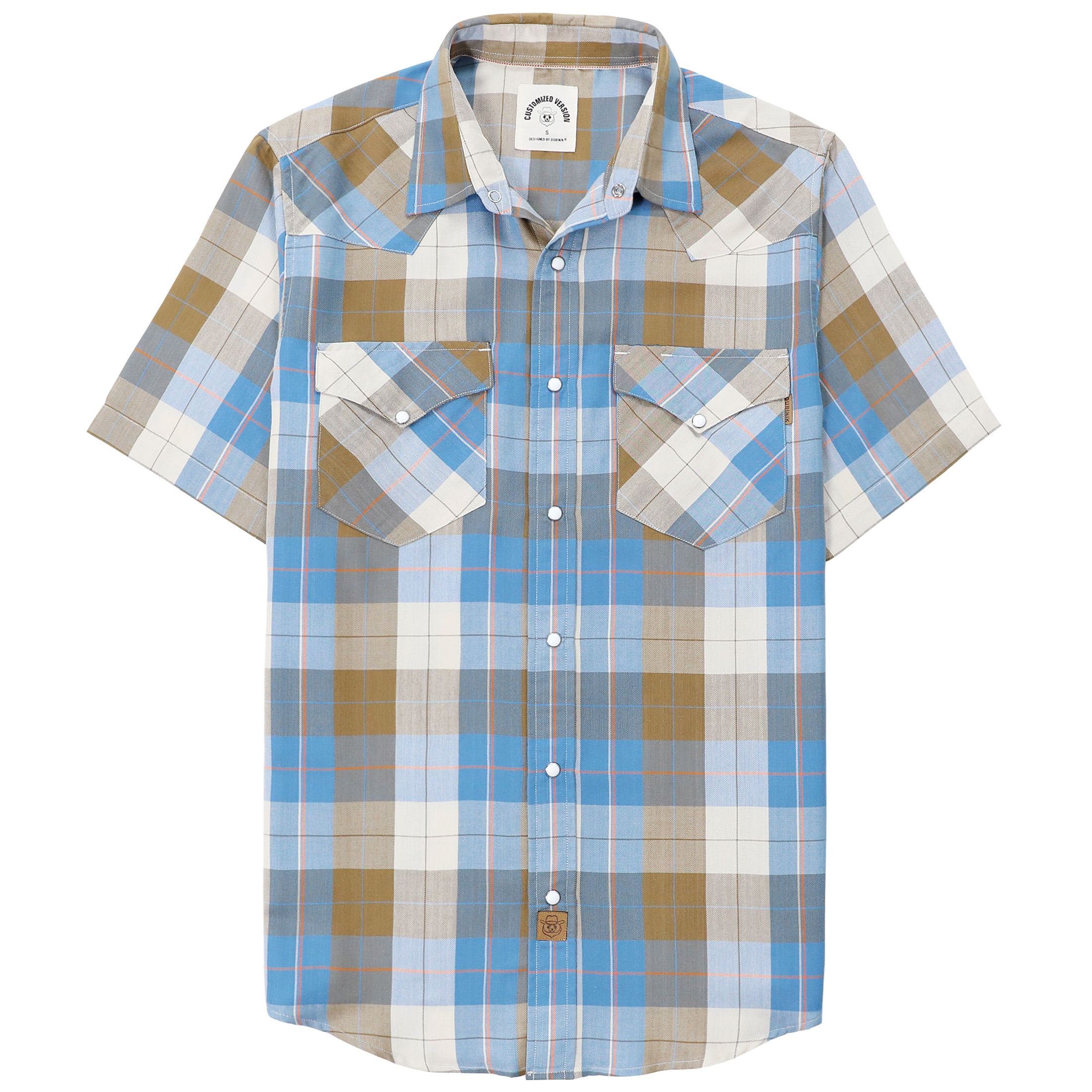 Chemise Manches Courtes Vintage Western Bleue - Boutons Pression Perle - Taille L (16 1/2)