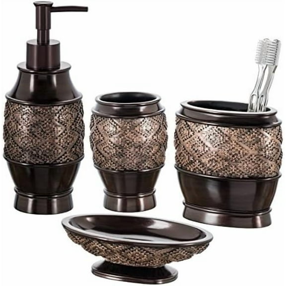 Dublin Brown Bathroom Accessories Set Complete - 4 Pc. Bathroom Sets Accessories, Luxury Bathroom Accessory Set - Soap Dispenser, Soap Dish, Tumbler & Toothbrush Holder Set